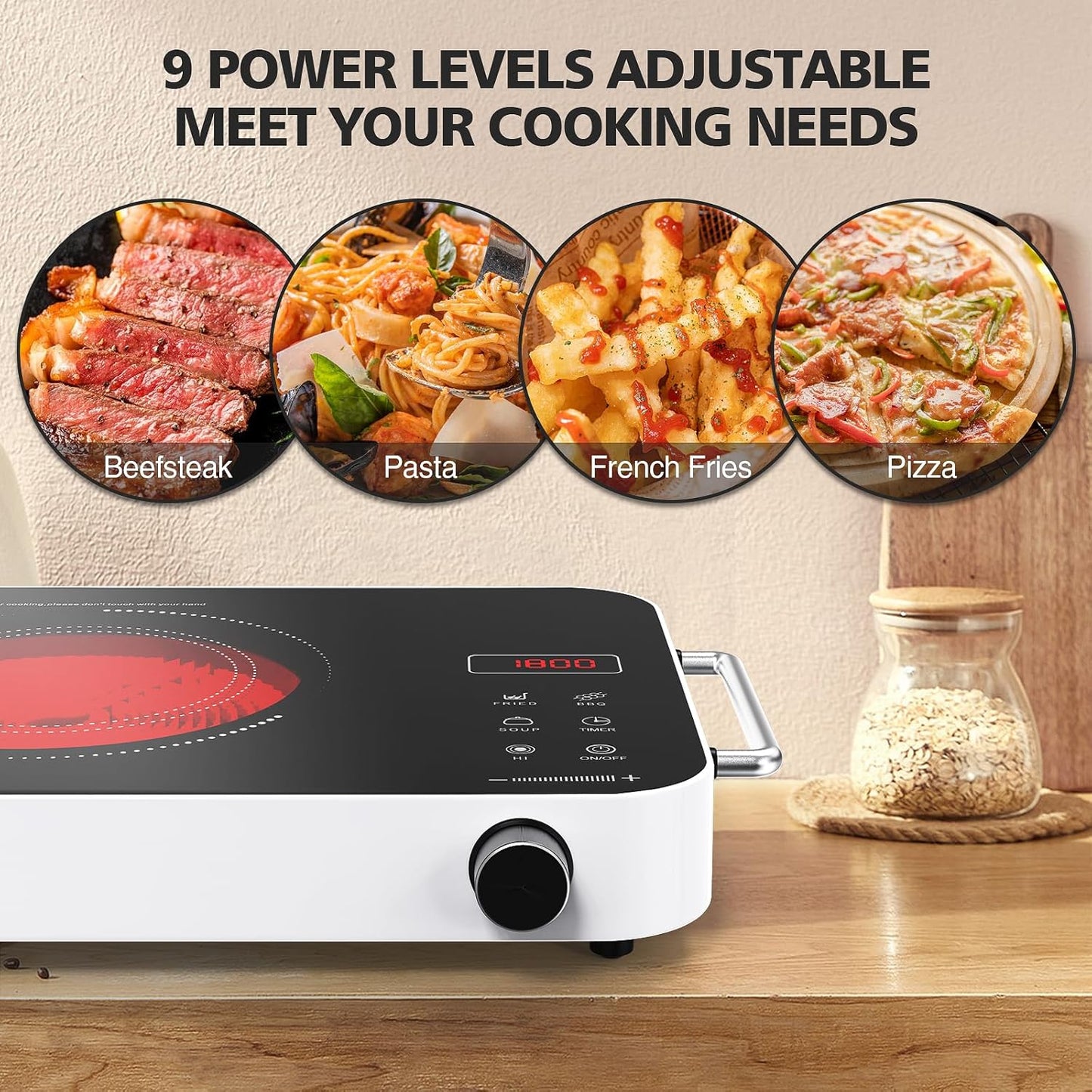 Nafewin Electric Cooktop - 1800W Portable Infrared Hot Plate with 4-Hour Timer | Single Burner Countertop