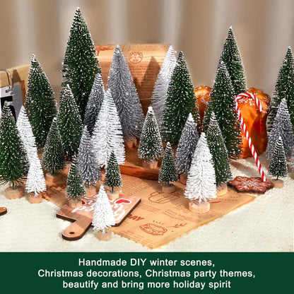 Skiennix 30Pcs Mini Christmas Trees - Artificial Bottle Brush Trees with Wooden Base | Green, Silver, White Decor