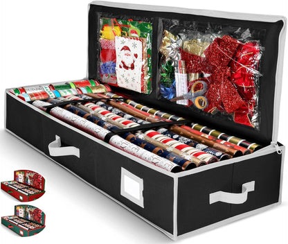 Premium Wrapping Paper Organizer - Heavy Duty Gift Wrap Holder with Extra Pockets | Fits Up to 27 Rolls (Black)