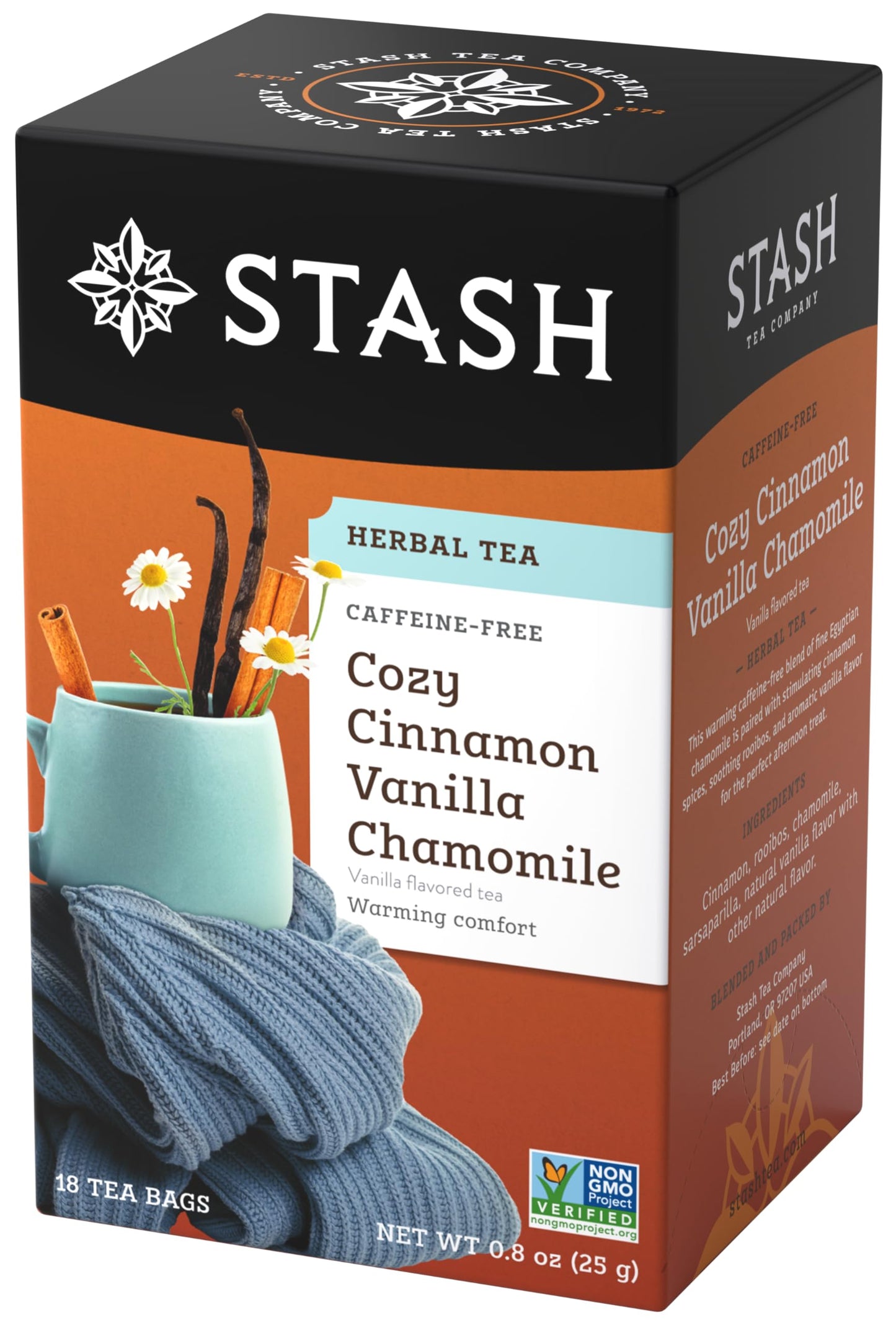 Stash Tea Cozy Cinnamon Vanilla Chamomile Herbal Tea, Caffeine-Free, Kosher, Gluten Free & Non-GMO, 18 Tea Bags (Pack of 6)