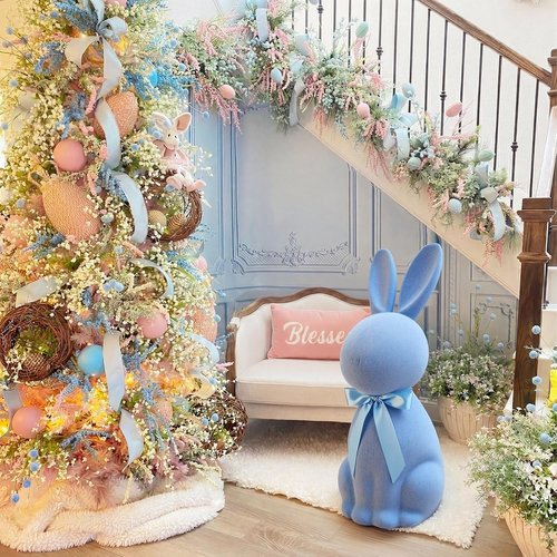 Lineshading Blue Easter Bunny Decoration - 25" Flocked Standing Large Rabbit Figurine for Porch & Lawn Decor