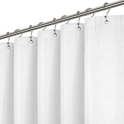 LiBa Waffle Weave Fabric White Shower Curtain, 72 W x 72 H Water Repellent & Heavyweight, Hotel Quality & Cloth Linen Shower Curtains Set and for Bathroom