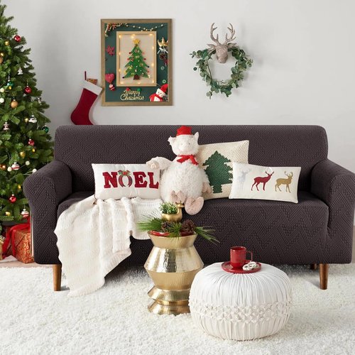 Ruaozz Stretch Sofa Cover 1 Piece Couch Covers for 3 Cushion Couch Non Slip Universal Sofa Slipcover Washable Soft Jacquard Furniture Protector with 2 pcs Throw Pillow Covers (3 Seater, Chocolate)