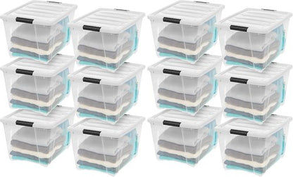 IRIS USA Stackable Storage Bins - 12-Pack 54 Quart Clear Plastic Containers with Lids for Home Organization | Clear/White
