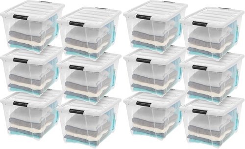 IRIS USA Stackable Storage Bins - 12-Pack 54 Quart Clear Plastic Containers with Lids for Home Organization | Clear/White