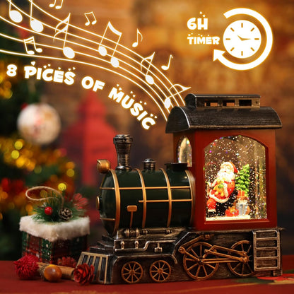 Santa Red Train Christmas Snow Globe Lantern - Musical & Light-Up Holiday Décor | USB & Battery Operated, 6-Hour Timer