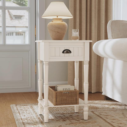 Vintage Nightstand Set of 2 with Solid Wood Legs - 10-Minute Assembly, Off-White (Variation: White+2)