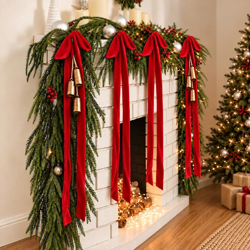 Giant Burgundy Velvet Christmas Bow Ornaments Set of 4 with Long Tails