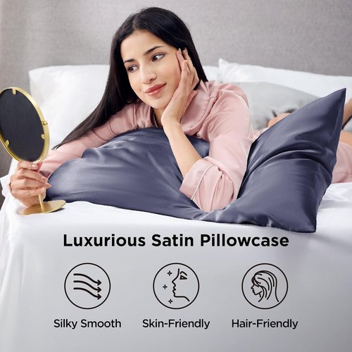 Bedsure Satin Pillowcases - Luxurious Queen Size Set of 2, Envelope Closure, Blue Granite | 20x30 Inches