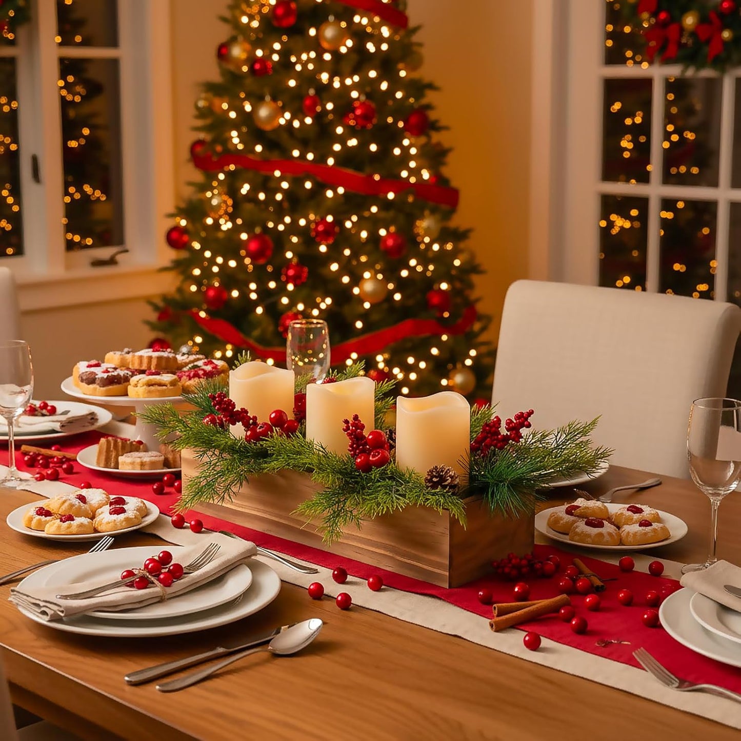 Skiennix Christmas Table Centerpiece - 3 Flameless LED Candles with Pine Cones & Red Berries | Rustic Wood Holders for Holiday Dining