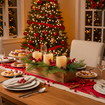 Skiennix Christmas Table Centerpiece - 3 Flameless LED Candles with Pine Cones & Red Berries | Rustic Wood Holders for Holiday Dining