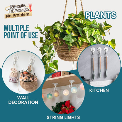 TAILI Heavy-Duty Adhesive Ceiling Hooks - No-Drill Removable Wall Hooks for Plants & Lights | 4 Pack White