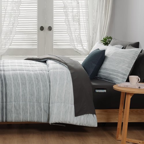 Monbix Queen Comforter Set - 7 Pieces Bed in a Bag Queen, Grey-Stripe Bedding Sets, All Seasons Comforter Bed Set with Sheets, Pillowcases & Shams