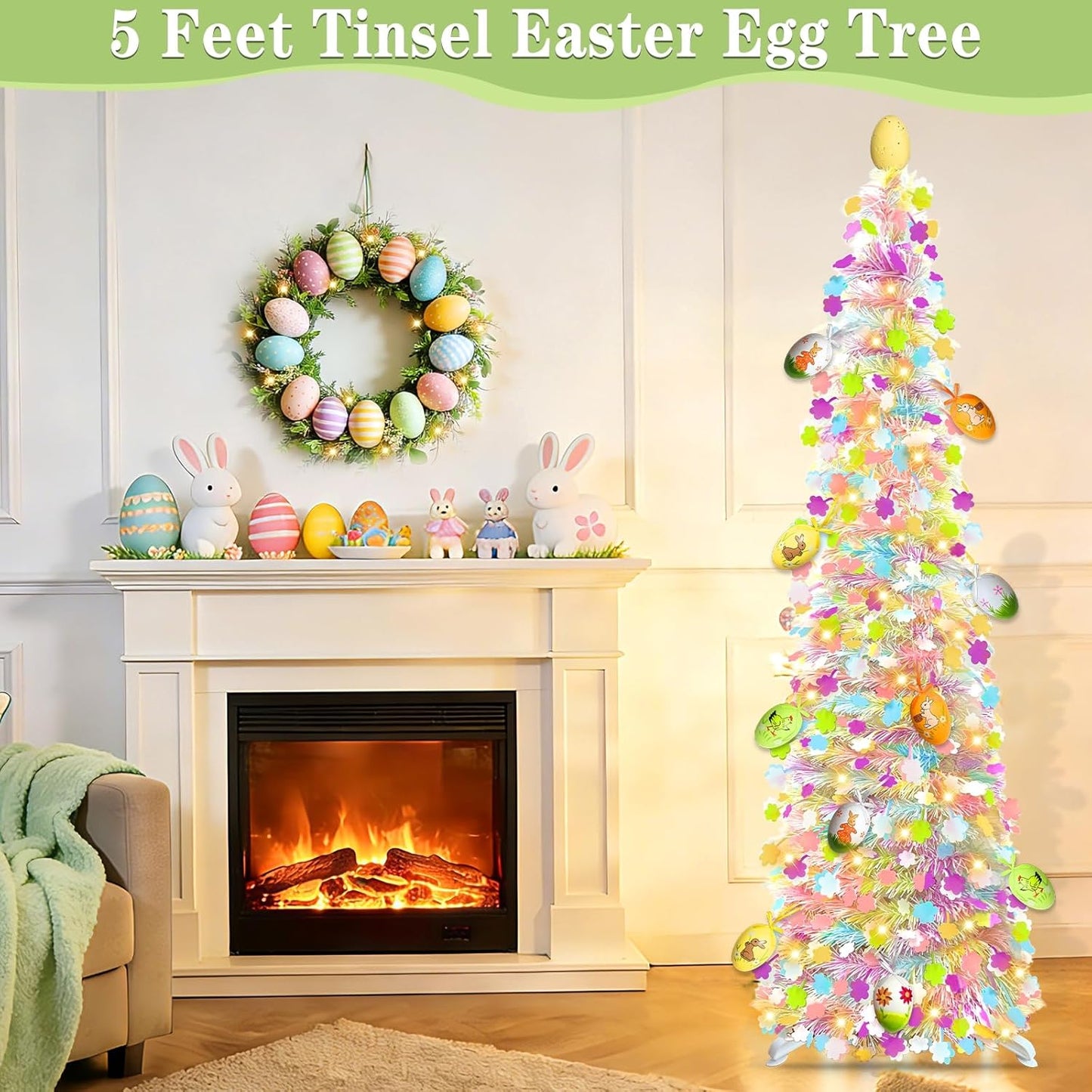 **Skiennix 5Ft Lighted Easter Tree - 50 LED Warm White Lights & Colorful Egg Ornaments | Battery Operated, Collapsible Design**
