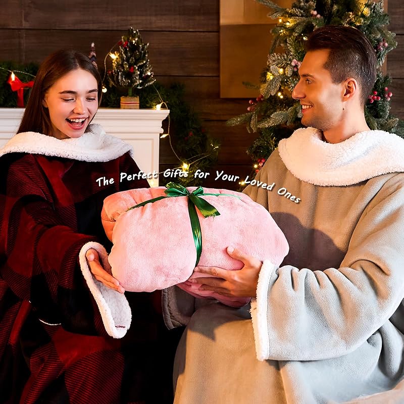 Wearable Blanket with Sleeves - Oversized Snuggle Robe with Christmas Tree Design - 53" x 69"