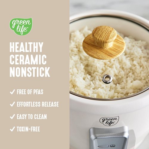 GreenLife Rice Cooker - PFAS-Free Ceramic Nonstick Pot, 3-Cup Uncooked/6-Cup Cooked, Easy Clean, Cream