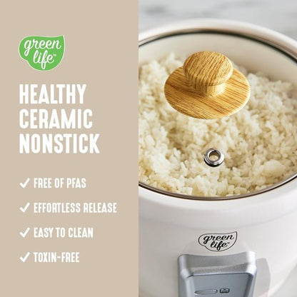 GreenLife Rice Cooker - PFAS-Free Ceramic Nonstick Pot, 3-Cup Uncooked/6-Cup Cooked, Easy Clean, Cream