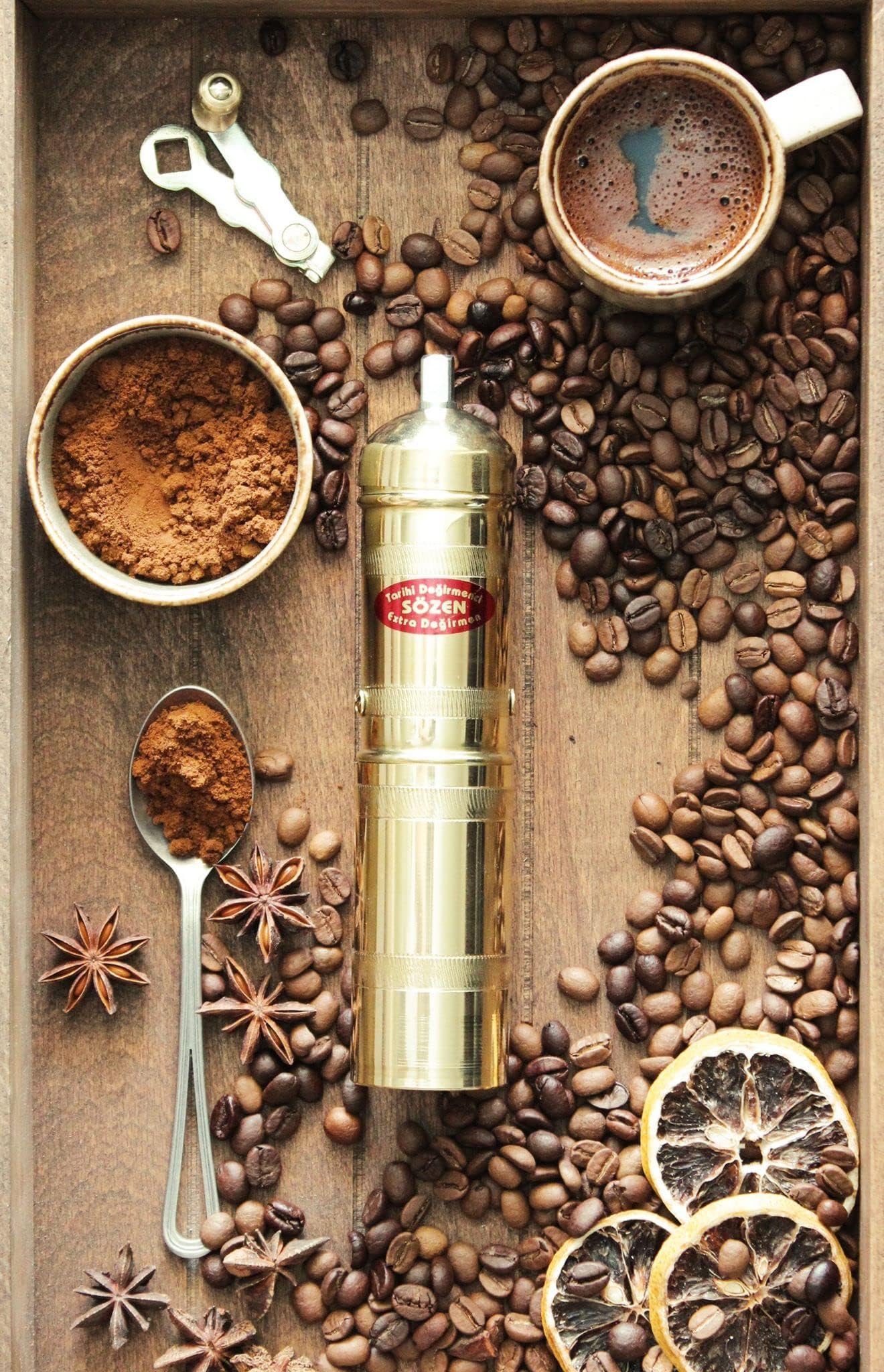 Sozen 7" Handmade Manual Brass Coffee Mill Grinder, Adjustable Portable Conical Burr Mill, Hand Crank Grinder for Turkish Coffee