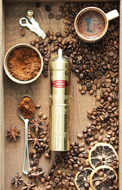 Sozen 7" Handmade Manual Brass Coffee Mill Grinder, Adjustable Portable Conical Burr Mill, Hand Crank Grinder for Turkish Coffee