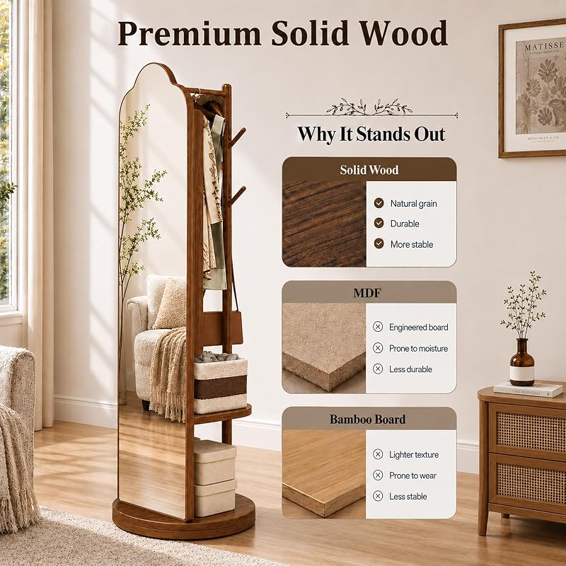 Full Length Mirror with Coat Rack & Storage – 66" L x 18" W Walnut Brown, 360° Rotating Solid Wood