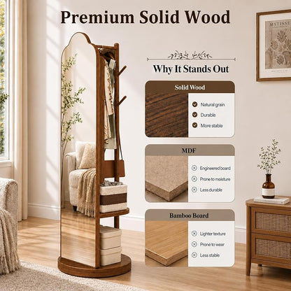 Full Length Mirror with Coat Rack & Storage – 66" L x 18" W Walnut Brown, 360° Rotating Solid Wood