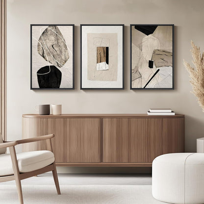 Skiennix Framed Neutral Abstract Wall Art - Set of 3 Modern Canvas Prints for Living Room | 16x24 Inch