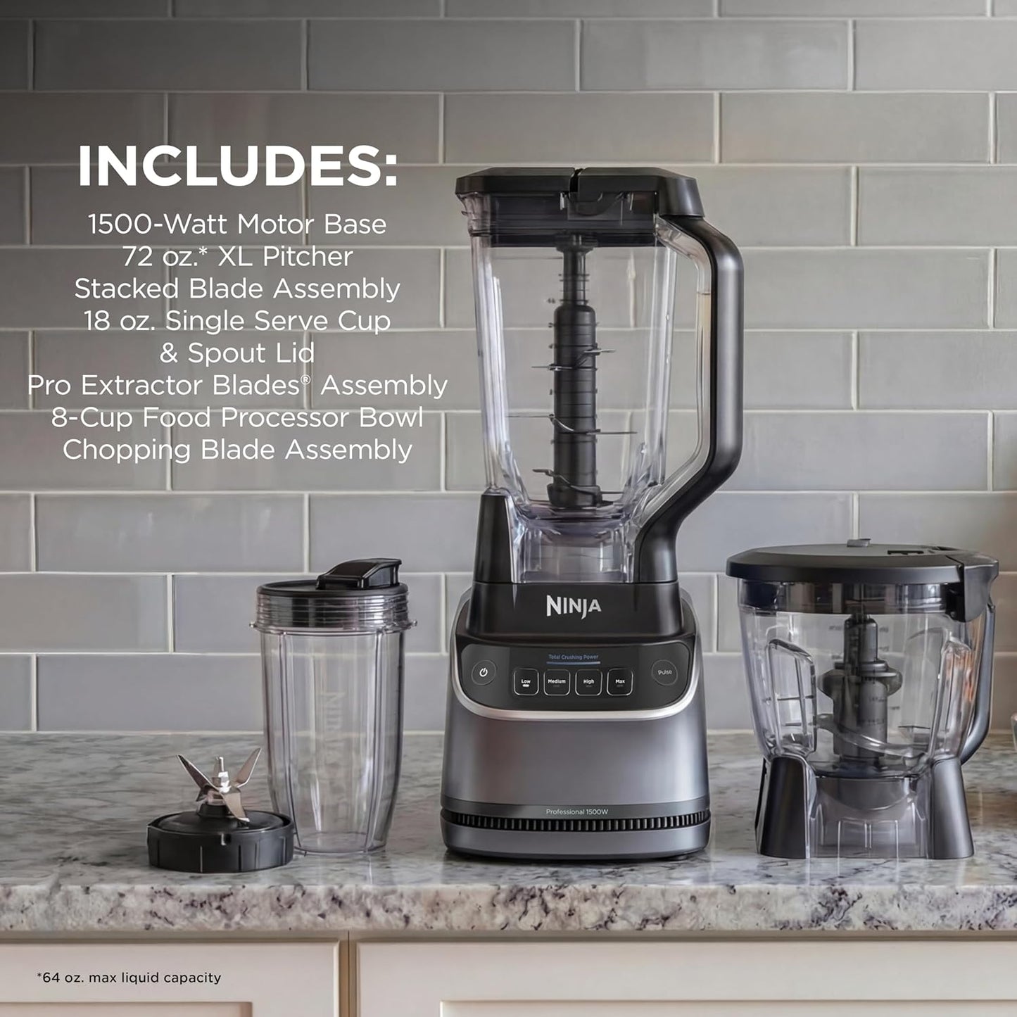 Ninja UltraCrush Professional Kitchen System - 1500W Blender & Food Processor with 72oz Capacity | Silver | Total Crushing Technology for Smoothies & Chopping