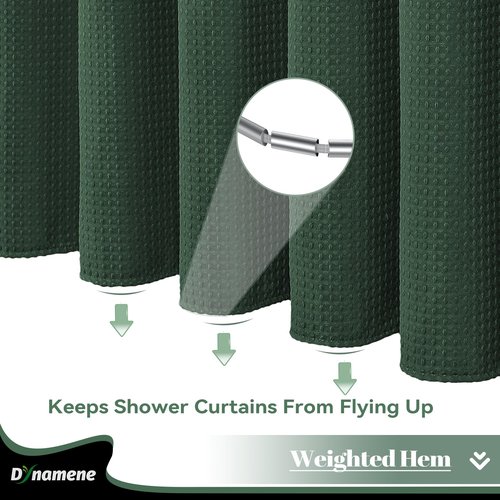 Dynamene Extra Wide Shower Curtain - 180 Inch Wide Waffle Weave Weighted Thick Cloth Bathroom Shower Curtain, Neutral Heavy Duty Hotel Bath Curtain Set with 32 Plastic Hooks, 180x72, Dark Green