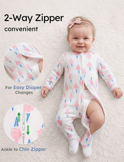 Yoofoss Baby Pajamas 100% Organic Cotton Baby Sleepers for 0-3 Months Boys Girls Clothes, 3-Pack Soft infant Toddler Footed PJs with Mitten Cuffs, Zipper Footies Pajamas