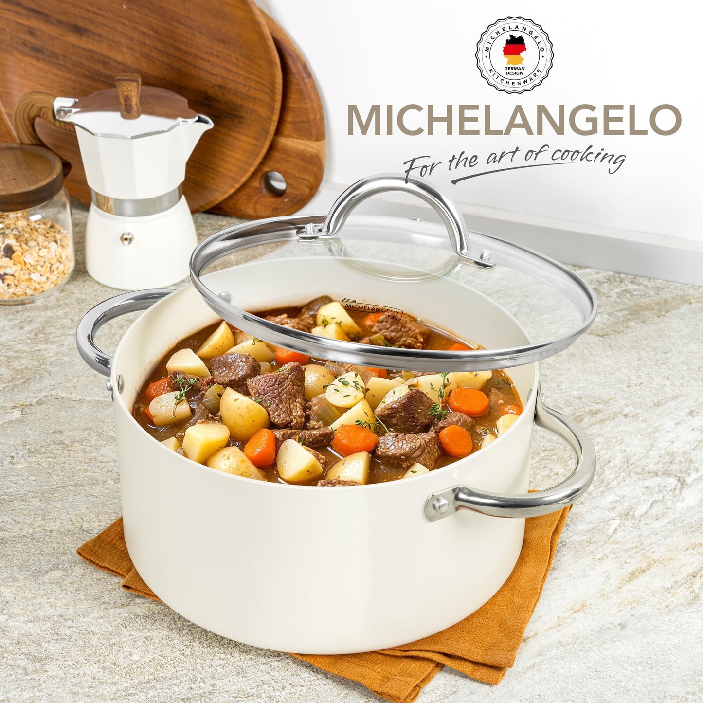 MICHELANGELO Stock Pot with Lid, 6 Quart Soup Pot with Lid for Cooking, Non Stick Ceramic Coating, Stainless Steel Handle, Induction Compatible, Cream