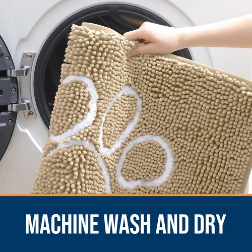 OLANLY Dog Door Mat for Muddy Paws 59x35, Paw Print Design, Absorbs Moisture and Dirt, Absorbent Non-Slip Washable Doormat, Quick Dry Chenille Mud Mat for Dogs, Entry Indoor Entryway Carpet, Beige