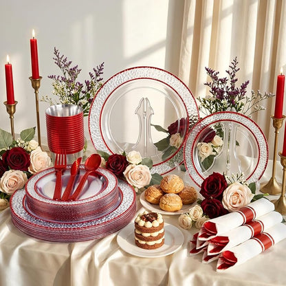 350 Piece Red Plastic Plates for Weddings & Holidays - Clear & Red+350 Variation