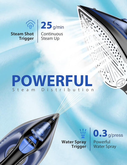 Sundu Steam Iron - 1500W Rapid Heating with Ceramic Soleplate & Auto-Off | 15.21oz Water Tank, Blue