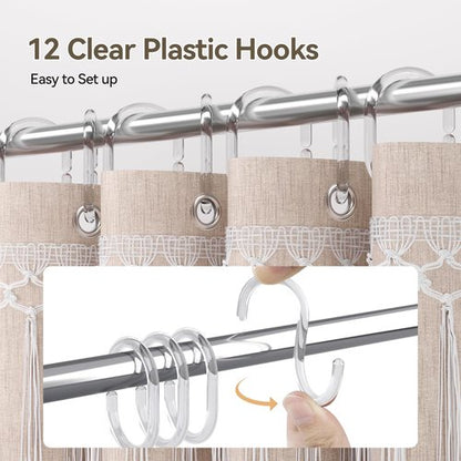 AmazerBath Taupe Boho Shower Curtain with Tassels, Linen Textured Farmhouse Shower Curtain Set with 12 Hooks, Washable Water-Repellent Neutral Fabric, 72x72 Inches Tan