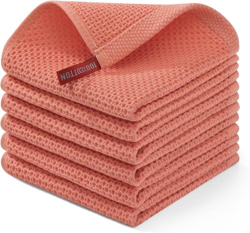 Homaxy 100% Cotton Waffle Weave Dish Cloths - Ultra Soft & Absorbent Quick-Drying Towels | 12 x 12 Inches, 6-Pack, Coral