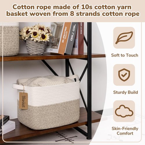 Goodpick Woven Storage Basket - Stylish Cotton Rope Organizer for Dog Toys & Books | 13 x 10 x 9 Inches, Brown & White