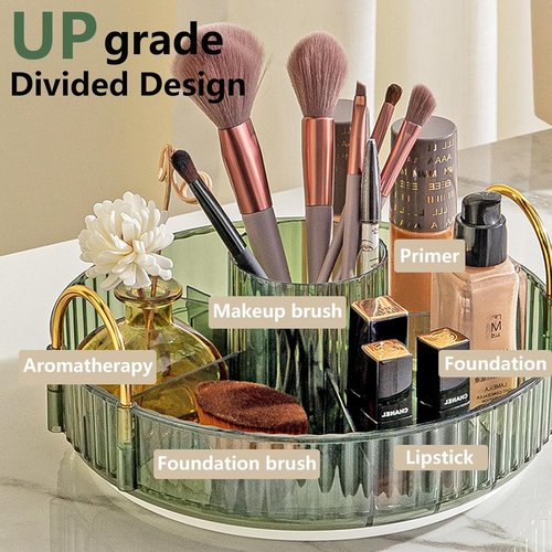 Asayuee 360 Rotating Makeup Organizer - Large 3-Tier Storage for Skincare & Cosmetics | Green