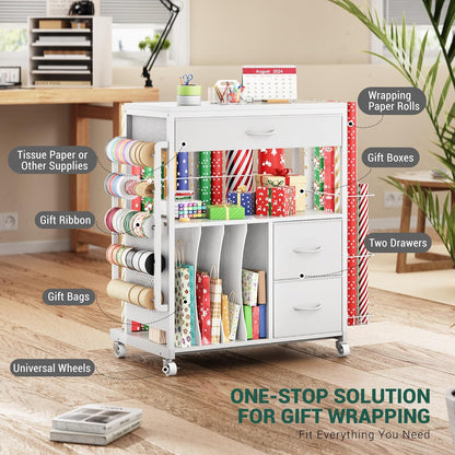 PUNLUXU Wrapping Paper Storage Cart - Rolling Gift Wrap Station with Ribbon & Gift Bag Holder