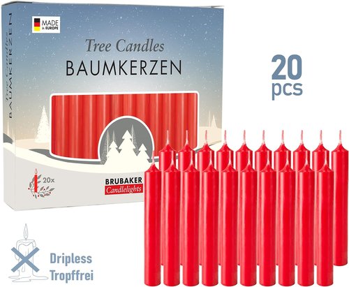 BRUBAKER Tree Candles - Red Pyramid Candles - Pack of 20 - 3¾ x ½ Inches - Made in Europe