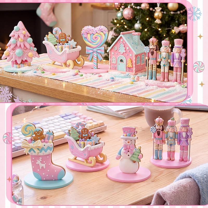 Candy Themed Christmas Table Decor Set, 12 Wooden Centerpieces – Pink Pastel Nutcracker, Snowman, Truck & Gingerbread (Variation: Candy)