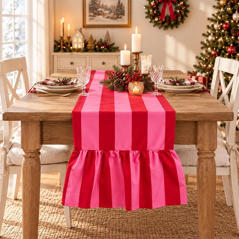 Ruffle Table Runner 13x72 inch - Boho Pink Red Striped Decorative Home Wedding Party