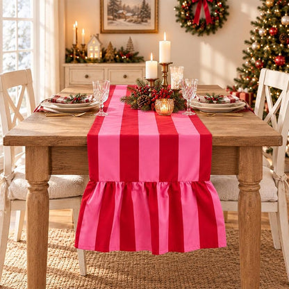 Ruffle Table Runner 13x72 inch - Boho Pink Red Striped Decorative Home Wedding Party