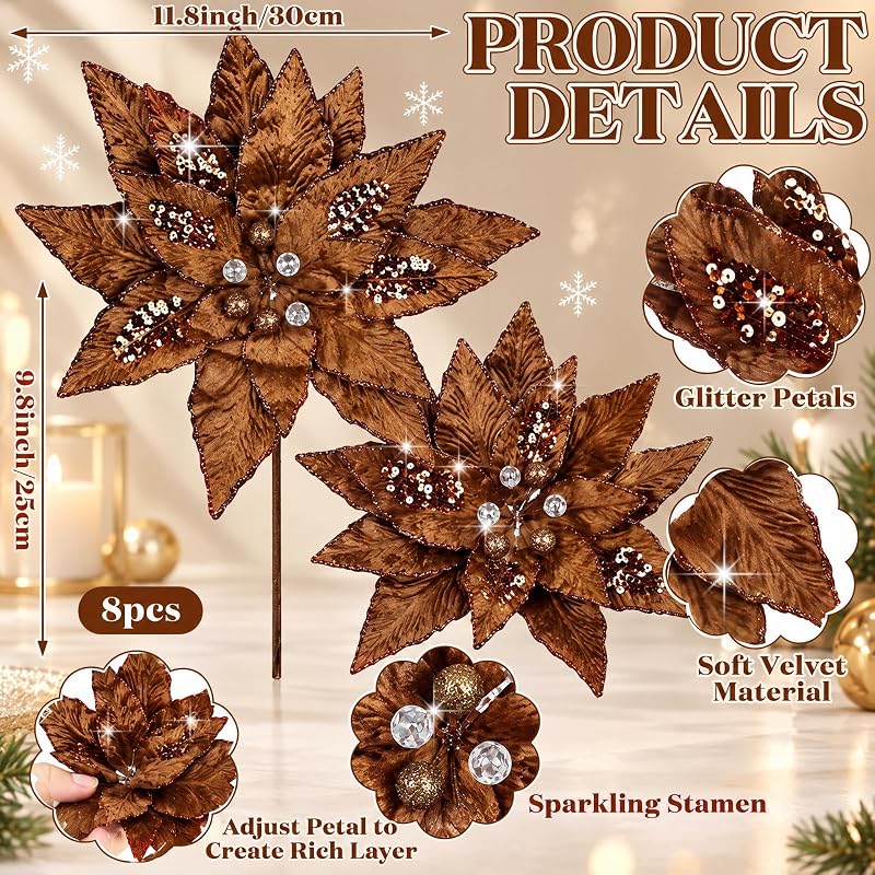 8 Pcs Velvet Christmas Poinsettia Flowers with Stems - Dark Brown (Variation of THIS listing)