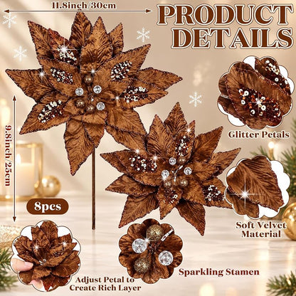 8 Pcs Velvet Christmas Poinsettia Flowers with Stems - Dark Brown (Variation of THIS listing)