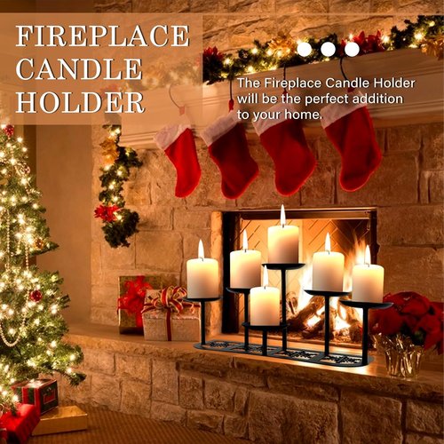 Fireplace Candelabra Candle Holder - Matte Black Metal with 6 Stands | Elegant Mantle Decor for Pillar Candles