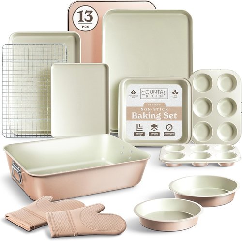 Country Kitchen Nonstick Bakeware Set - Deluxe Heavy Duty, Easy Release, Taupe | 13 Pcs with Handles