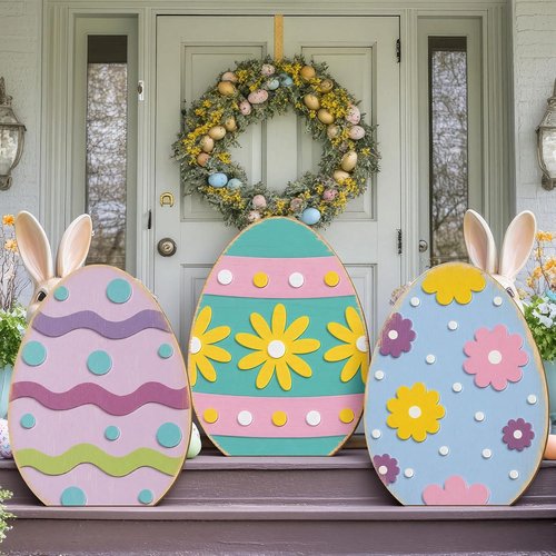 GlikCeil Easter Wooden Porch Sign - 3 Pcs 17'' Rustic Welcome Decor for Spring Outdoor Parties