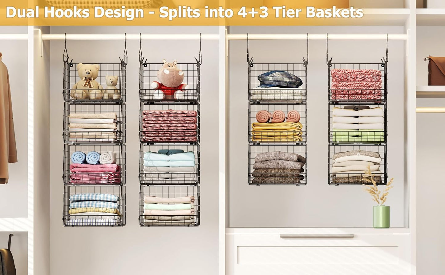 X-cosrack 7-Tier Foldable Hanging Closet Organizer - Wire Shelving with 4 Large Hooks & 5 S Hooks for Clothes & Handbags