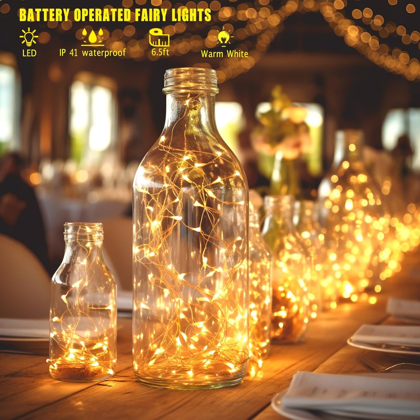 Skiennix 6 Pack Fairy Lights - Battery Operated Twinkle Lights with Timer | 20 LED Warm White, 6.5ft Silver Wire for Weddings & Parties
