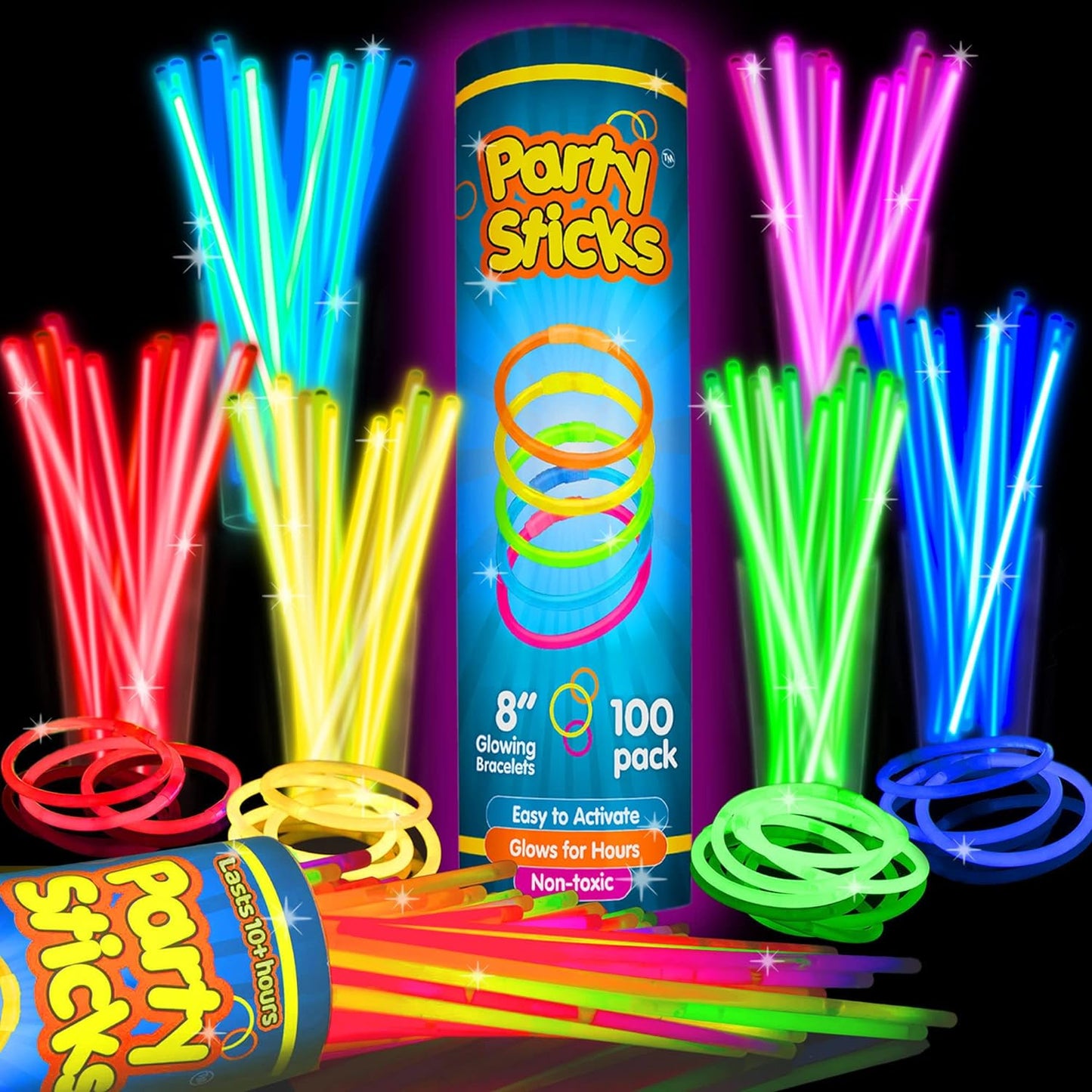 PartySticks Glow Sticks - 100 Pack 8-Inch Glow in the Dark Party Supplies | Neon Decorations & Favors